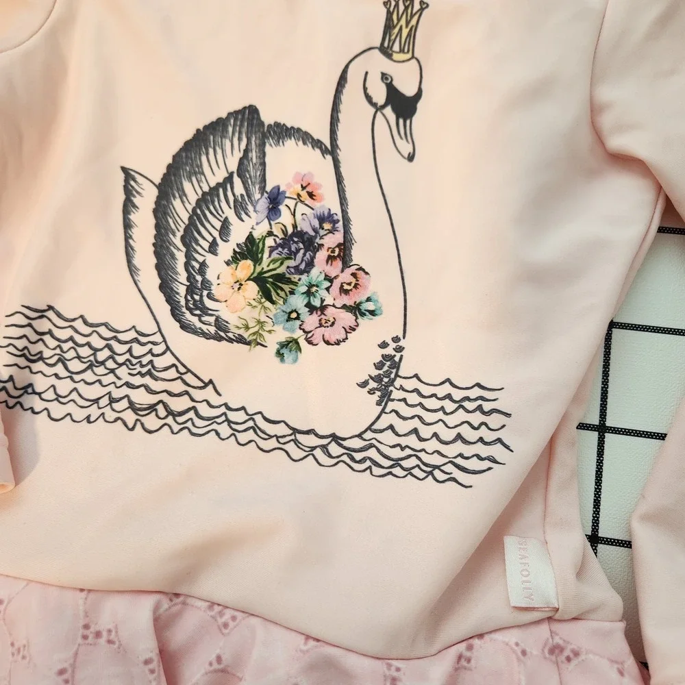Sea Folly Pink Swan Print One Piece Rush Guard‎ -  Size: 2T